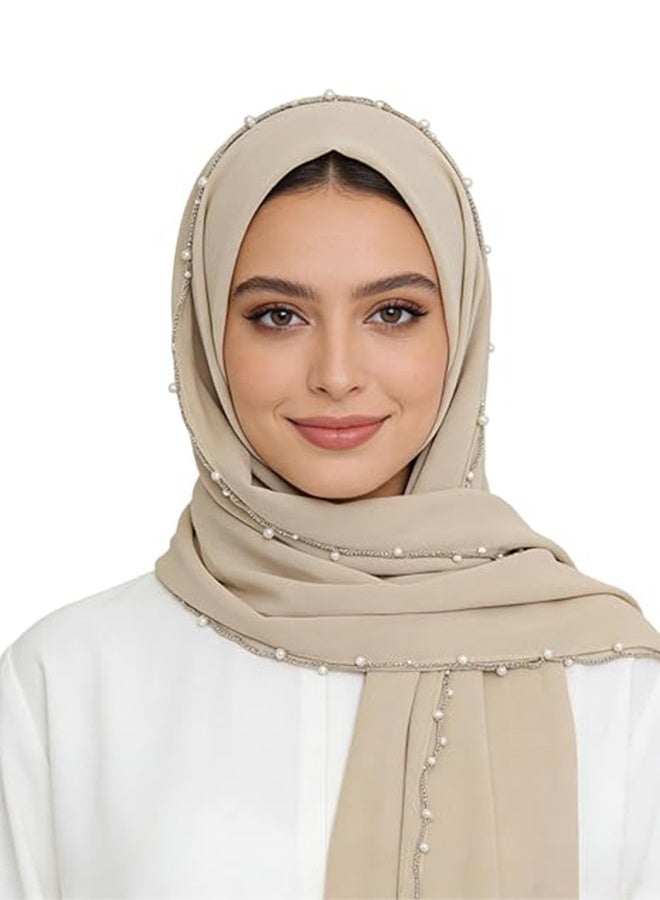 حجاب أنيق مزين بالخرز واللؤلؤ للنساء، مصنوع من الشيفون الحريري، حجاب إسلامي جاهز للاستخدام، غطاء رأس، شال طويل - Image 2